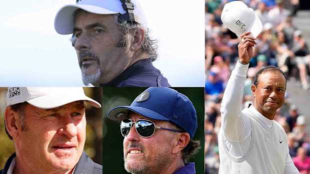 (Clockwise from top left) David Feherty, Tiger Woods, Phil Mickelson and Nick Faldo were all key figures in top 2022 golf media stories.